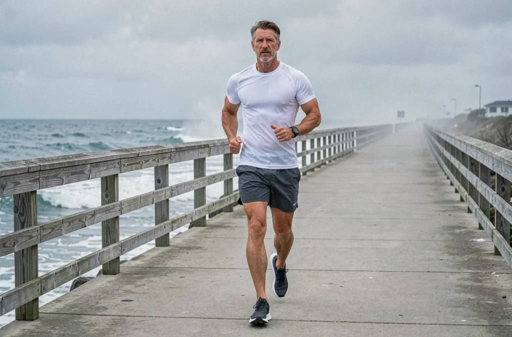 Homme en marche rapide sur un bord de mer pour améliorer sa condition physique et maigrir