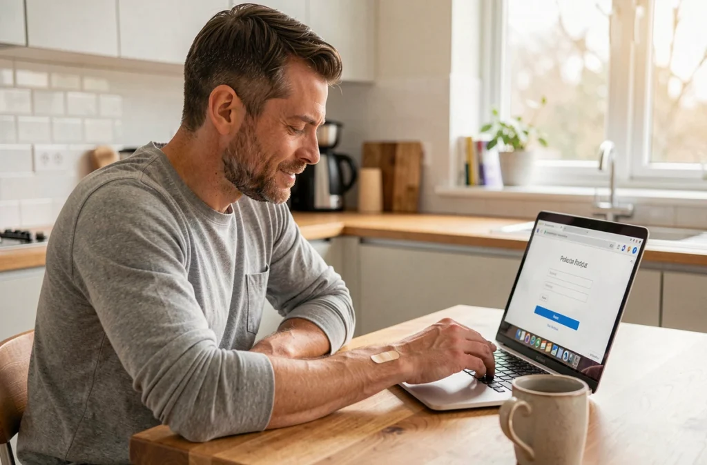 Homme se connectant pour la première fois à Laboconnect depuis son domicile pour consulter ses résultats de prise de sang