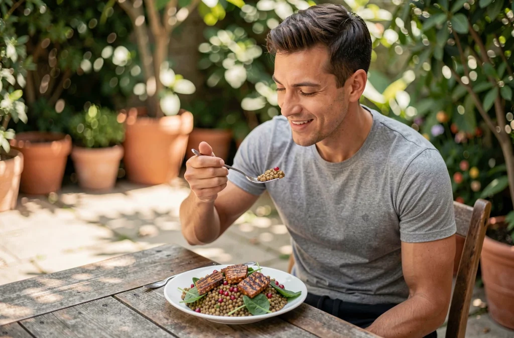 Homme mangeant une salade de lentilles au tempeh grillé sur une terrasse en plein air pour une alimentation minceur végétale