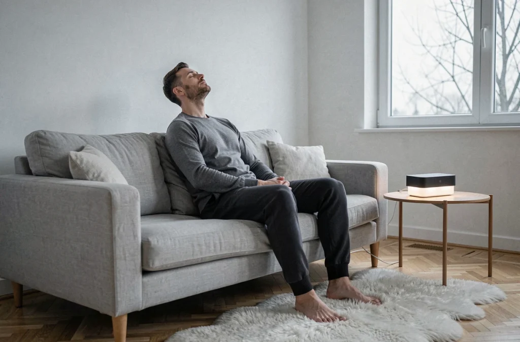 Homme se reposant sous une lampe de luminothérapie dans un salon épuré pendant la saison hivernale