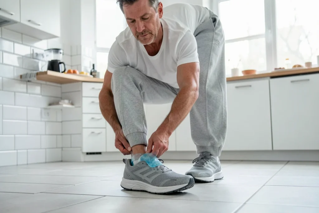 Homme insérant une semelle orthopédique gel dans sa chaussure pour soulager l'épine calcanéenne
