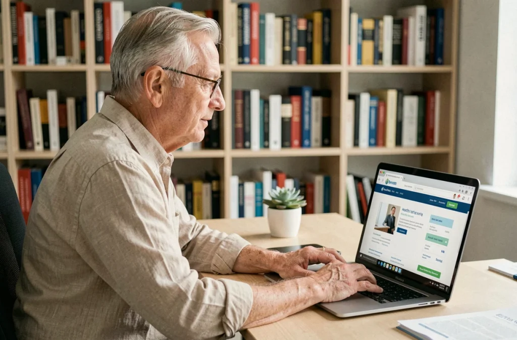 Homme senior recherchant des aides financières pour une mutuelle santé sur internet depuis son bureau