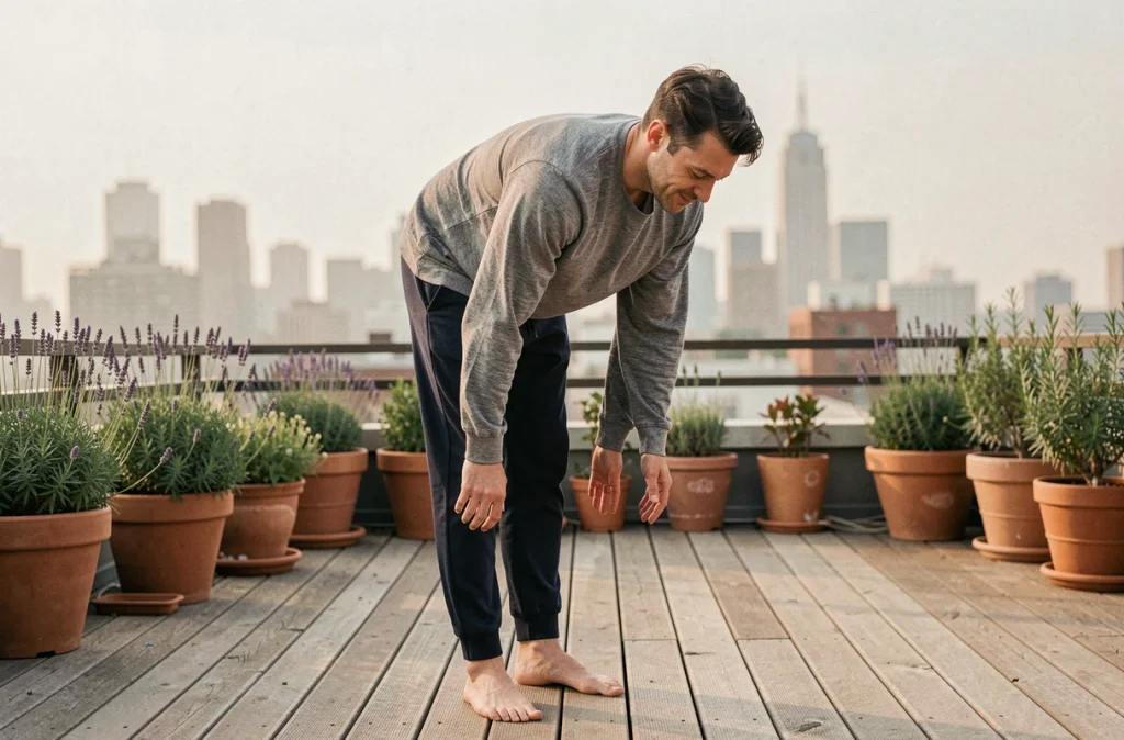 Homme en posture de flexion avant lors d'une séance de yoga doux sur une terrasse urbaine pour réduire le stress au quotidien