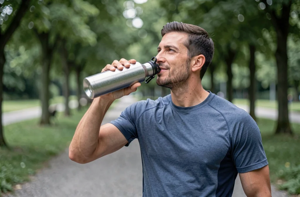 Homme en tenue de running s'hydratant avec une gourde dans un parc urbain pendant un programme minceur