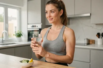 Femme en tenue de sport buvant un verre d'eau dans une cuisine moderne pour illustrer l'hydratation dans un programme minceur