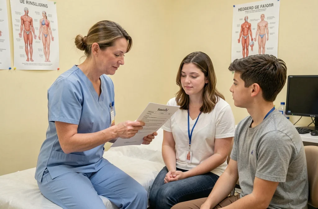 Infirmière pédiatrique expliquant des résultats d'analyses biologiques incluant les valeurs de Gamma GT à un parent et un enfant adolescent en consultation
