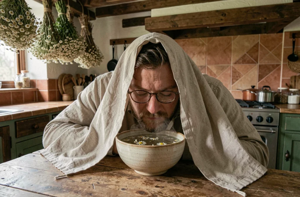Homme utilisant une infusion de camomille en vapeur pour soulager les yeux irrités, remède naturel traditionnel