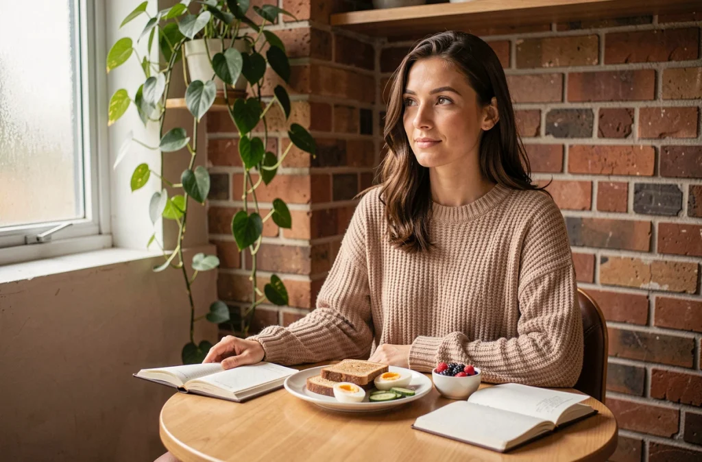 Jeune femme prenant un petit-déjeuner sain et équilibré dans un appartement chaleureux avec journal de bord