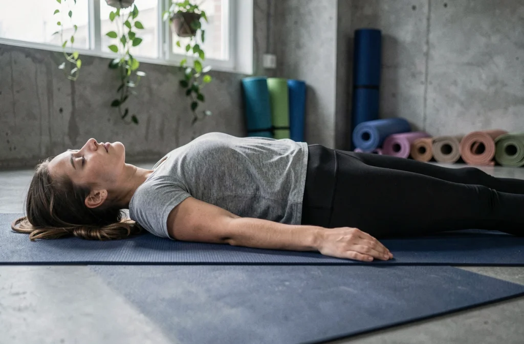 Jeune femme allongée en posture de relaxation sur un tapis de yoga dans un studio de bien-être dédié à la méditation