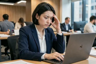 Jeune femme atteinte de sclérose en plaques ressentant de la fatigue au bureau dans un open space professionnel