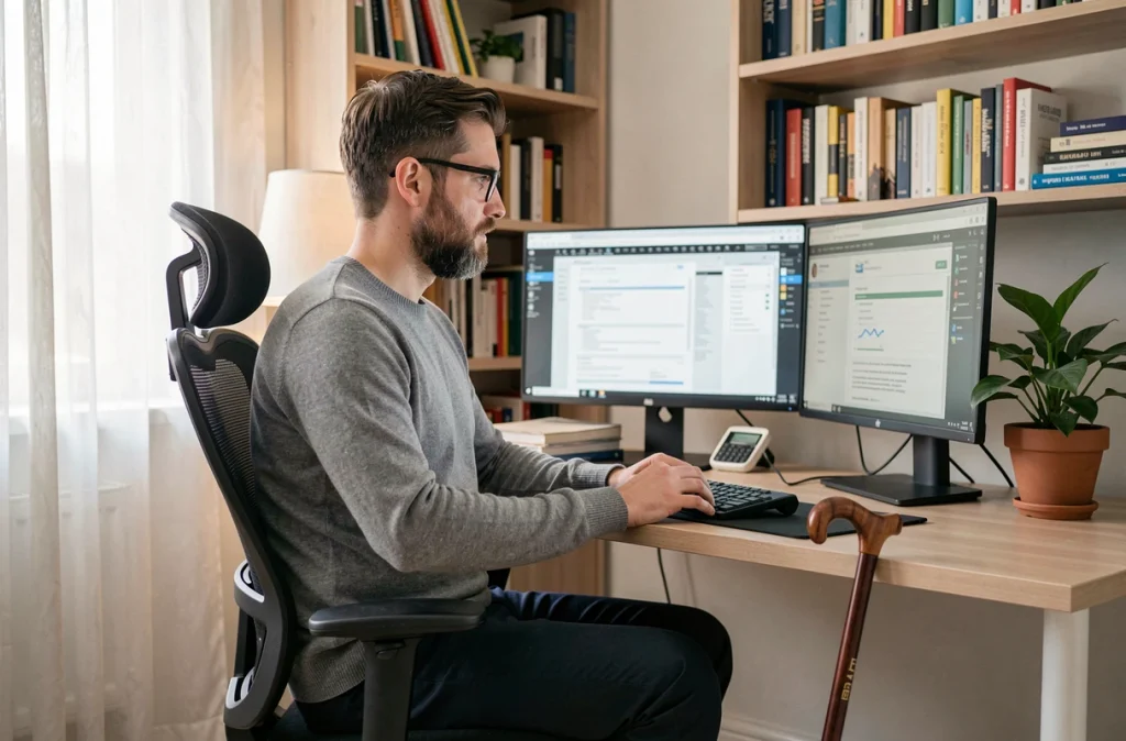 Jeune homme en télétravail avec une canne visible près du bureau en raison de la sclérose en plaques