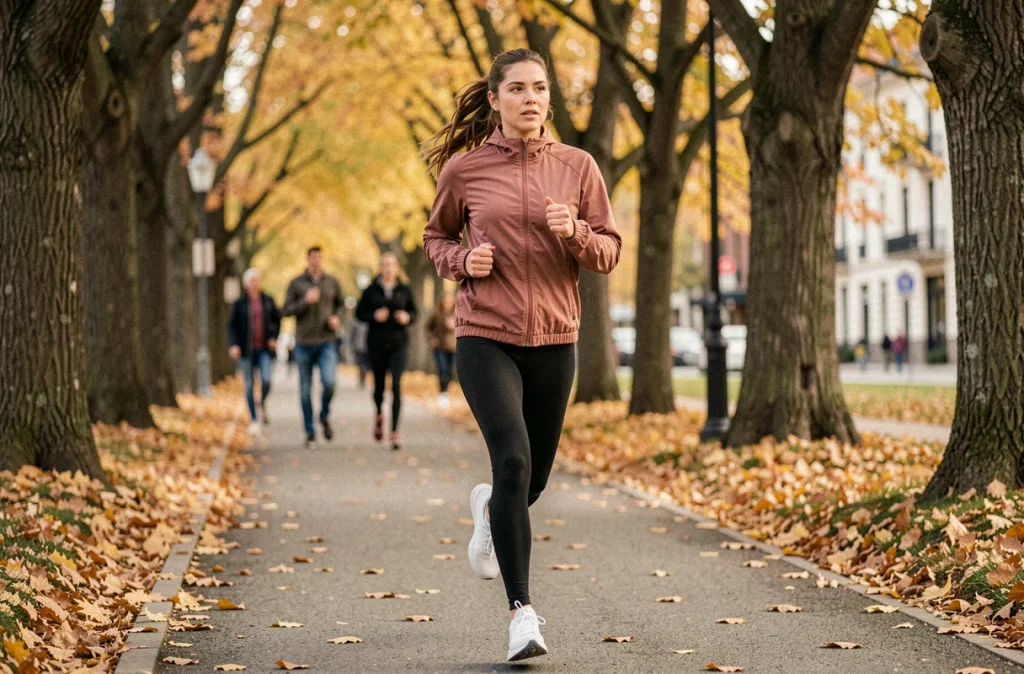 Jeune femme faisant du jogging dans un parc en automne pour réduire le stress et soutenir son programme de régime alimentaire