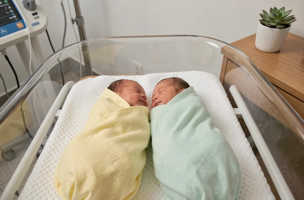 Deux nouveau-nés jumeaux emmaillotés côte à côte dans un berceau de maternité, illustrant le suivi postnatal d'une grossesse gémellaire