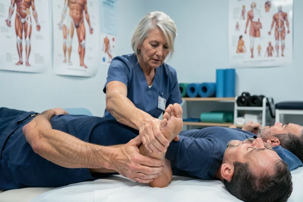 Kinésithérapeute effectuant un étirement du fascia plantaire sur un patient souffrant d'épine calcanéenne