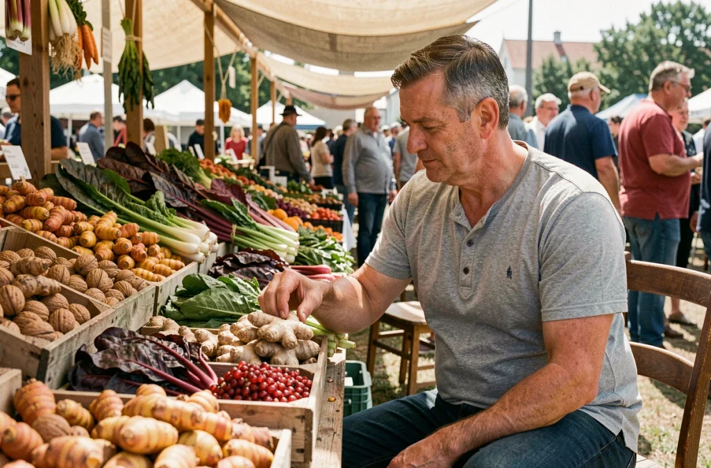 Homme d'une cinquantaine d'années choisissant des aliments anti-inflammatoires comme le gingembre et les légumes verts au marché fermier