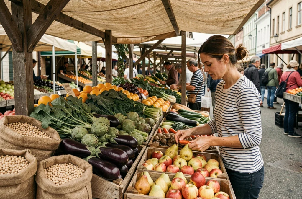 Femme choisissant des légumes riches en fibres sur un marché fermier animé, évoquant une alimentation saine et naturelle pour favoriser la perte de poids