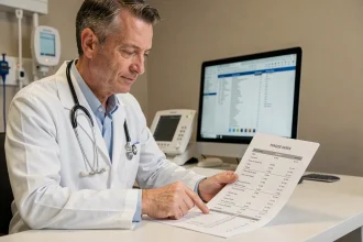 Médecin homme d'âge mûr examinant des résultats d'analyses sanguines incluant le taux de Gamma GT dans un cabinet médical moderne