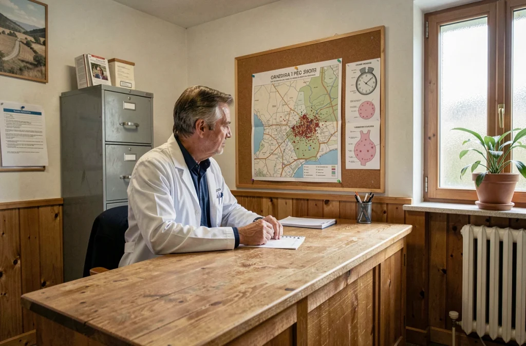 Médecin généraliste en cabinet rural consultant une carte épidémiologique de la maladie de Lyme en France
