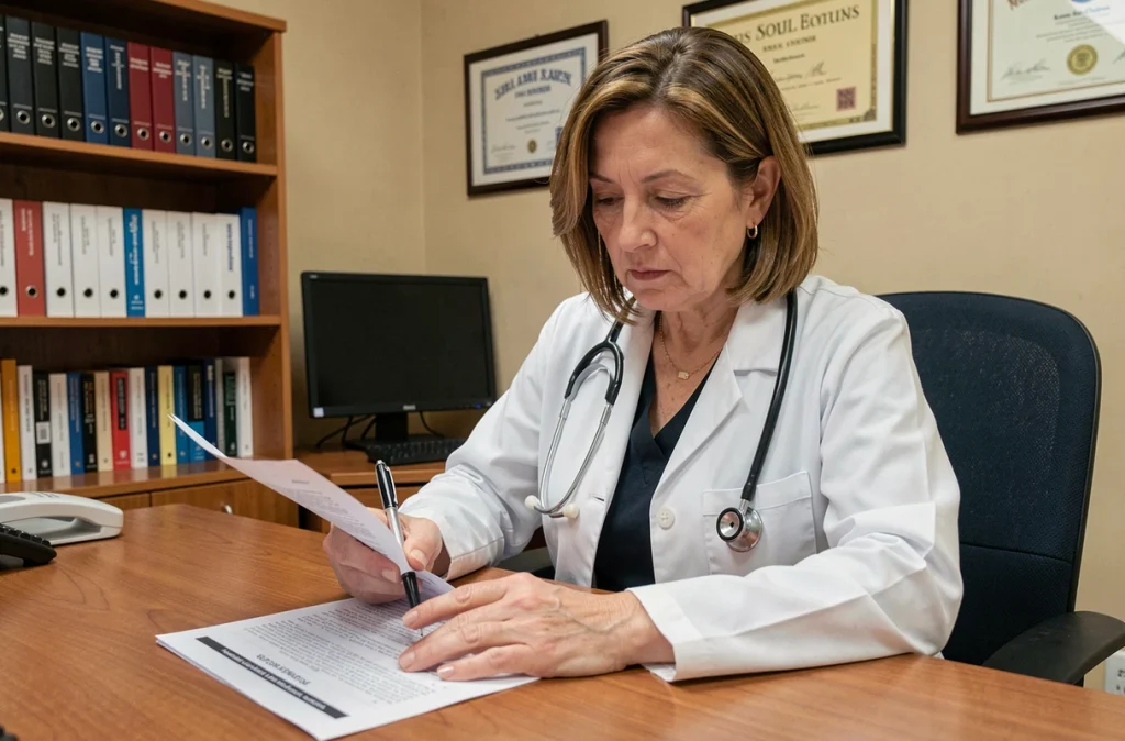 Médecin femme analysant un document médical sur le GCA 2700 lors d'une consultation professionnelle
