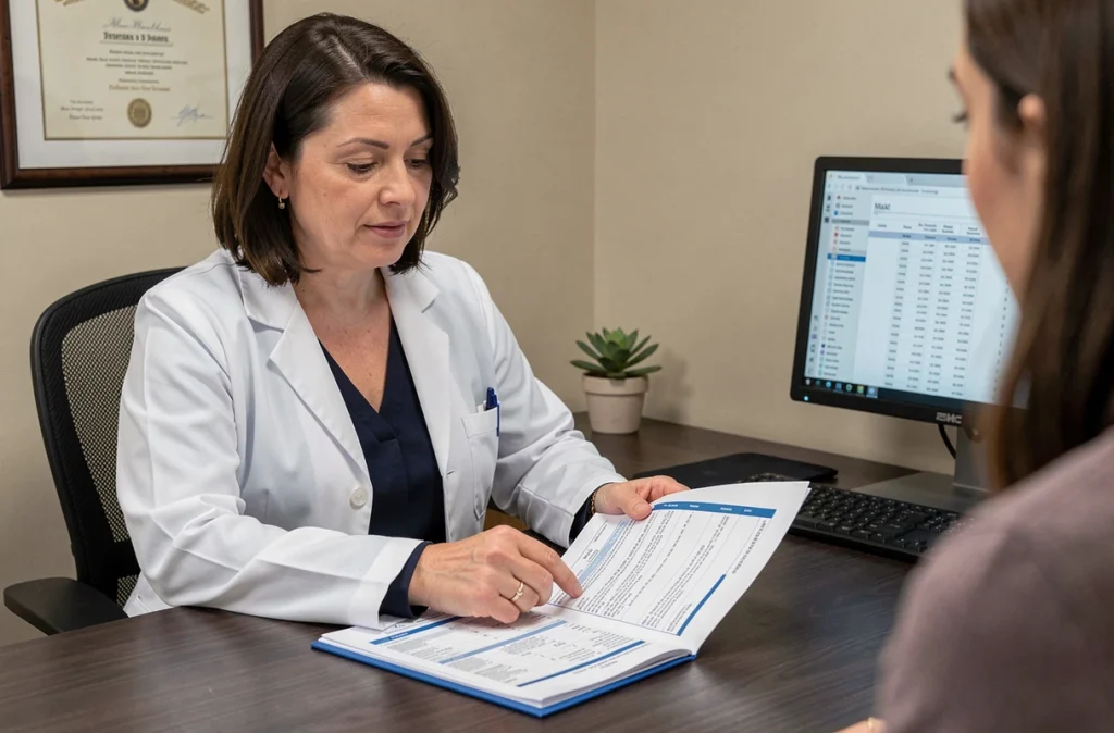 Médecin femme en consultation expliquant des résultats d'analyses biologiques liés aux maladies auto-immunes à une patiente, dans un cabinet médical moderne