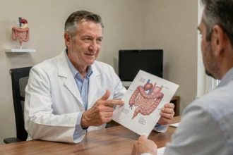 Médecin gastro-entérologue expliquant à un patient le diagnostic de polype colorectal avec un schéma anatomique du côlon
