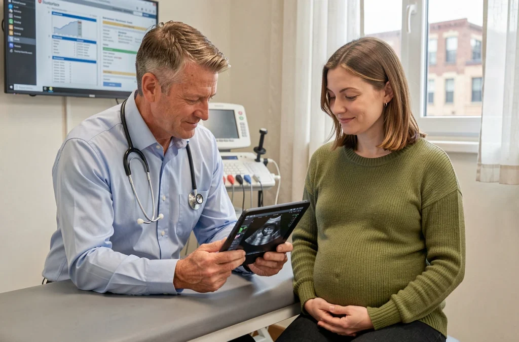 Médecin généraliste présentant une échographie sur tablette à une femme enceinte lors d'un suivi prénatal personnalisé