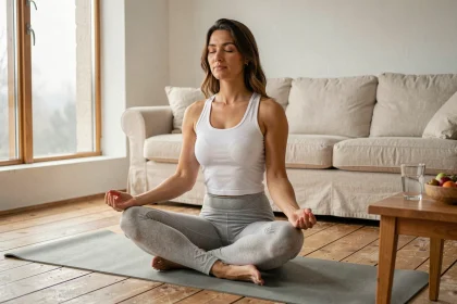 Femme pratiquant la méditation sur un tapis de yoga pour gérer le stress et favoriser la réussite de son régime alimentaire
