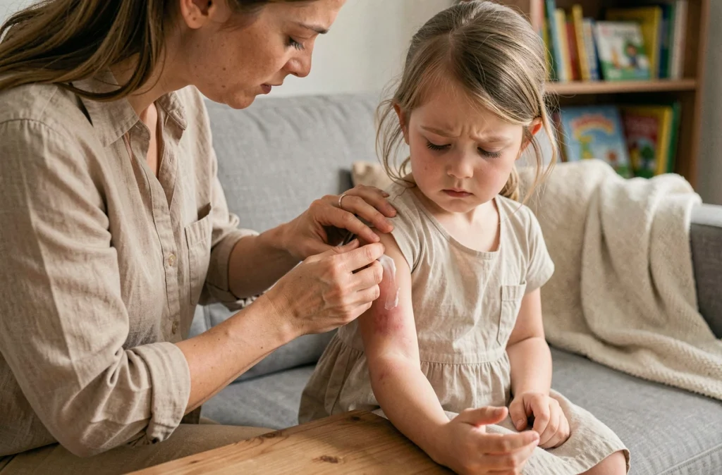 Mère appliquant une crème hydratante sur la peau sèche et enflammée de sa fille atteinte d'eczéma