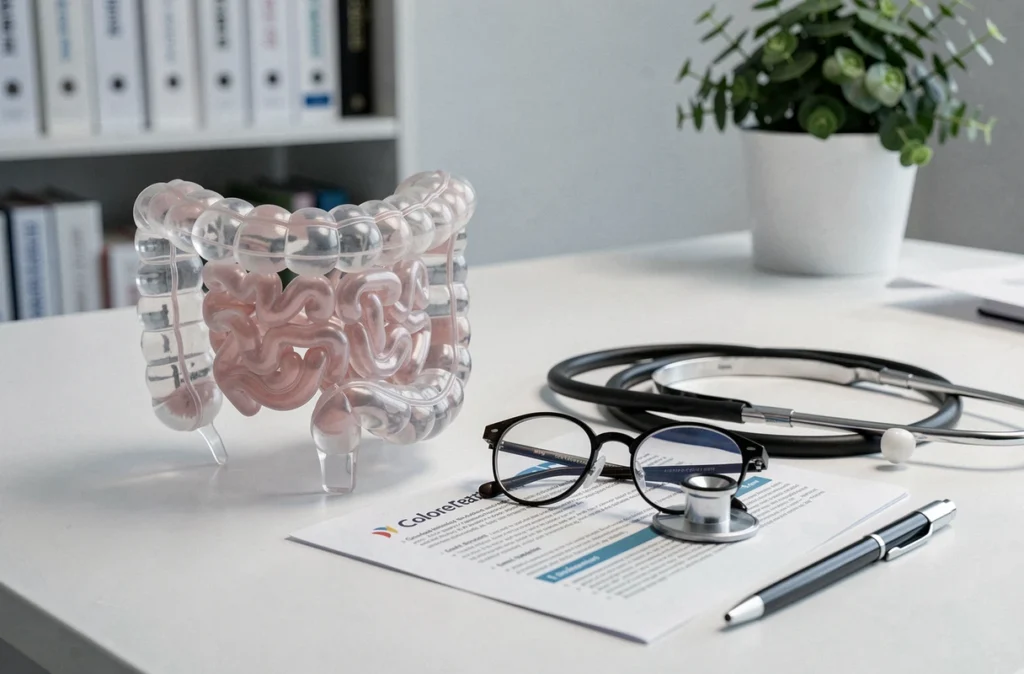 Modèle anatomique du côlon posé sur un bureau médical avec une brochure sur la santé colorectale et un stéthoscope