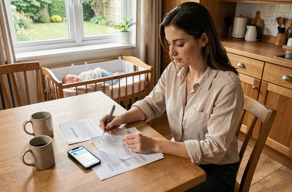 Mère consultant les documents de sa mutuelle à domicile avec un nouveau-né en arrière-plan