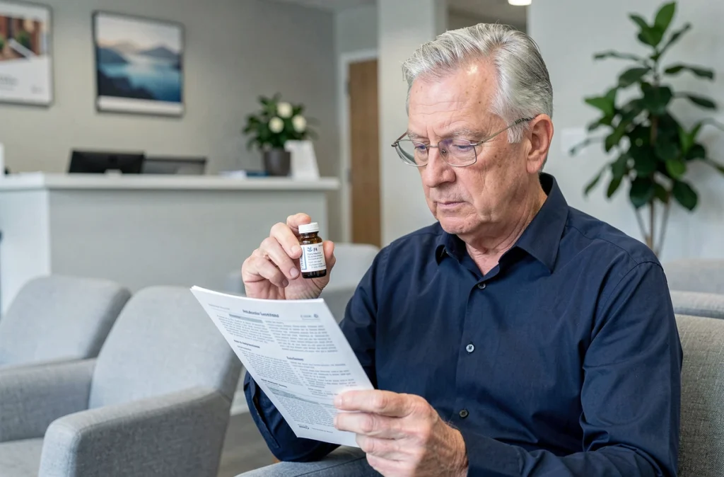 Patient lisant la notice d'utilisation des gouttes STERDEX dans une salle d'attente ophtalmologique après chirurgie oculaire