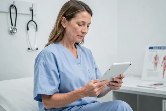 Patiente lisant le blog Medicys sur une tablette dans un cabinet médical moderne
