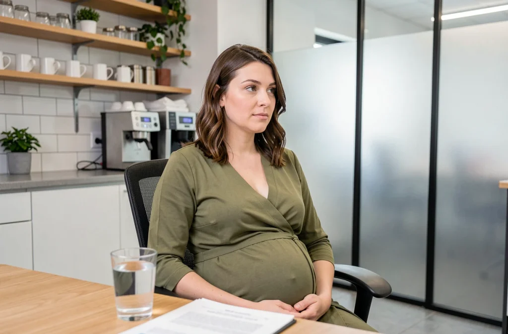 Femme enceinte se reposant dans la salle de pause d'une entreprise avec un verre d'eau et des documents sur ses droits en tant que salariée