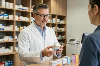 Pharmacien professionnel expliquant la posologie d'un médicament GCA 2700 derrière un comptoir de pharmacie