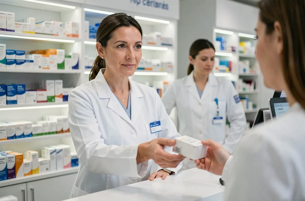 Pharmacienne remettant un médicament à une patiente pour traiter une infection urinaire récidivante en pharmacie