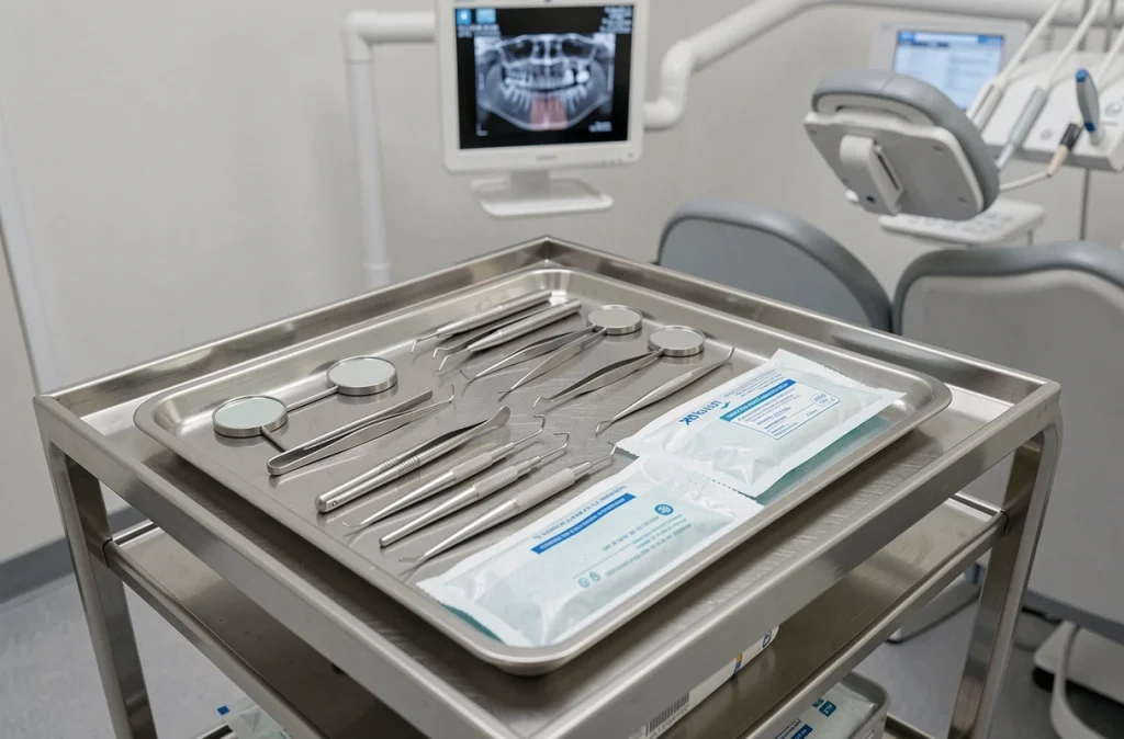 Plateau d'instruments chirurgicaux dentaires préparés et stérilisés pour une opération dentaire