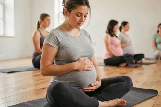 Femme enceinte participant à un cours de préparation à l'accouchement dans un studio de yoga calme