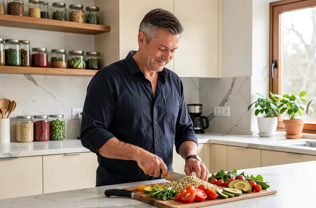 Homme préparant un repas sain et équilibré dans une cuisine moderne dans le cadre d'une gestion du stress et d'un régime alimentaire réussi