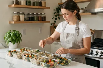 Femme préparant ses repas de la semaine dans des boîtes en verre sur un comptoir en marbre blanc dans une cuisine organisée