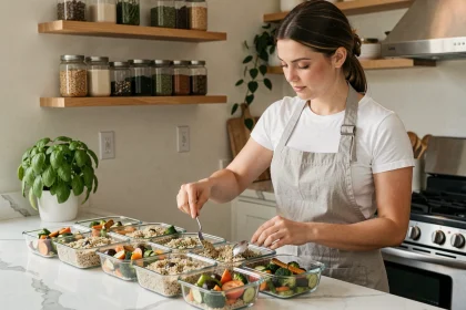 Femme préparant ses repas de la semaine dans des boîtes en verre sur un comptoir en marbre blanc dans une cuisine organisée