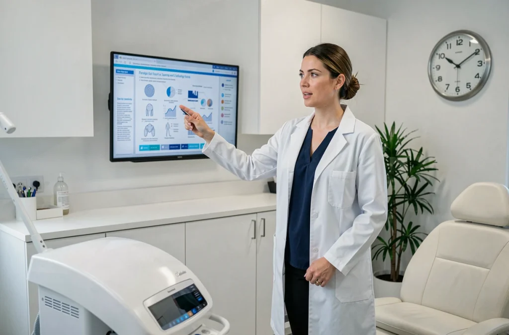 Professionnelle de santé présentant un dispositif de luminothérapie dans un cabinet médical moderne