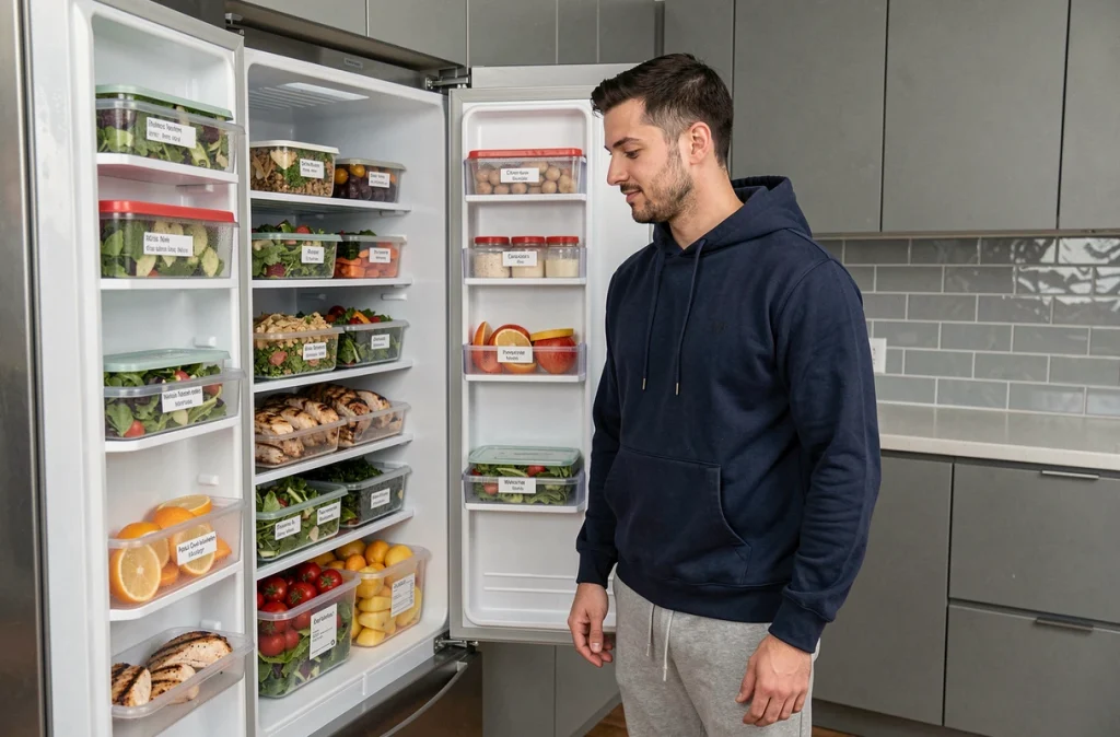 Homme inspectant un réfrigérateur bien organisé rempli de repas préparés à l'avance dans des boîtes étiquetées