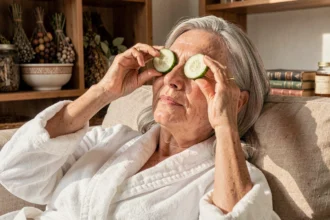 Femme mature se relaxant avec des rondelles de concombre sur les yeux, remède de grand-mère pour soulager les yeux fatigués