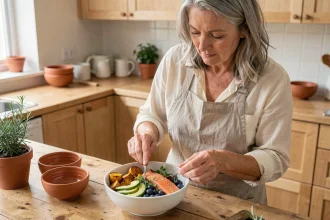 Femme préparant un repas anti-inflammatoire coloré avec saumon, légumes rôtis au curcuma et myrtilles dans une cuisine scandinave en bois clair