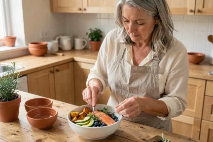 Femme préparant un repas anti-inflammatoire coloré avec saumon, légumes rôtis au curcuma et myrtilles dans une cuisine scandinave en bois clair