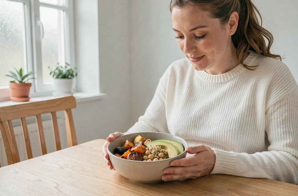 Femme enceinte savourant un bol nutritif à base de quinoa, légumes rôtis et avocat pour soutenir sa grossesse