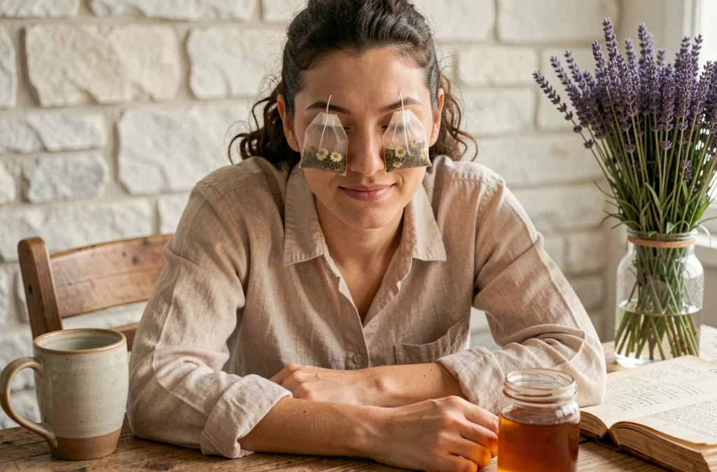 Jeune femme appliquant des sachets de camomille usagés sur les yeux pour apaiser la fatigue oculaire, astuce naturelle
