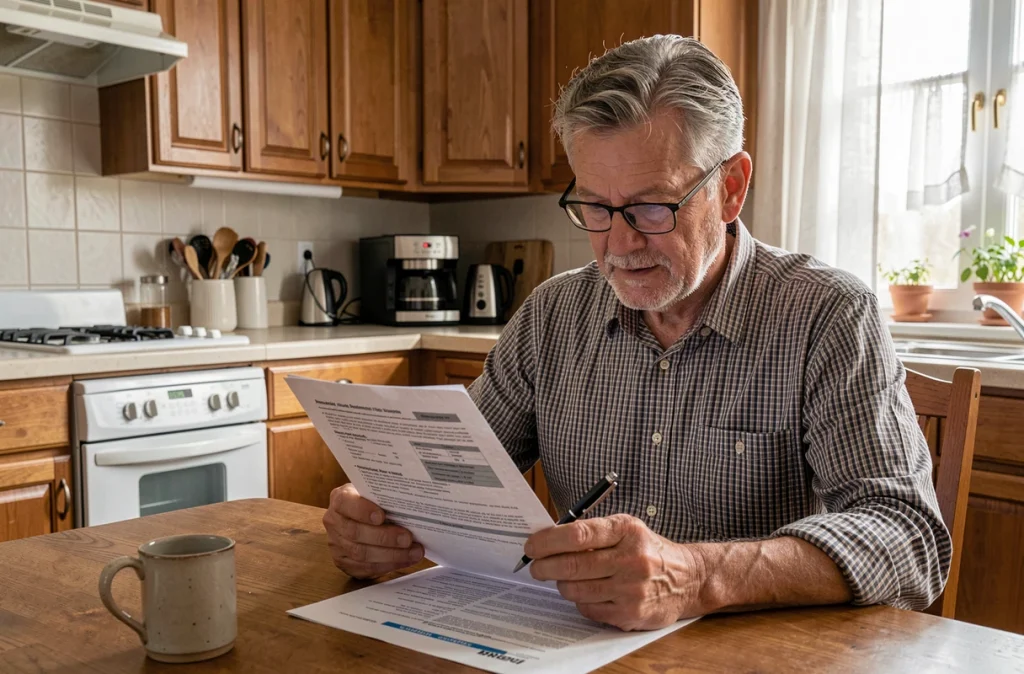 Senior masculin examinant un contrat de mutuelle dentaire à la table de sa cuisine avec un stylo