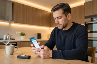 Un homme consulte un simulateur d'alcool sur son téléphone à côté d'un éthylotest sur une table de cuisine