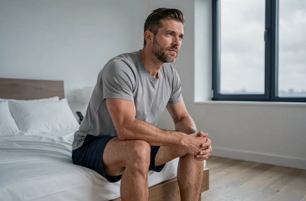 Homme en forme se réveillant reposé le matin, symbolisant les bienfaits du sommeil sur la composition corporelle et la perte de graisse